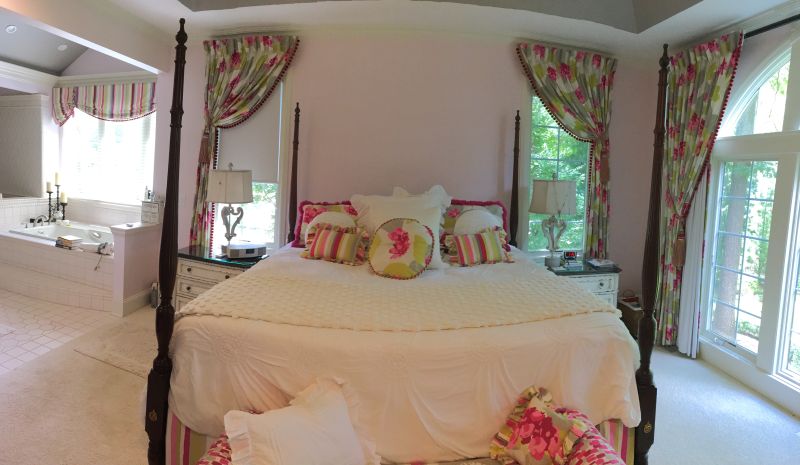 Draperies, bedding, roller shades, pillows, valance.