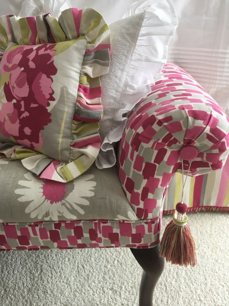 Reupholstered bench. Hand crafted pillows.