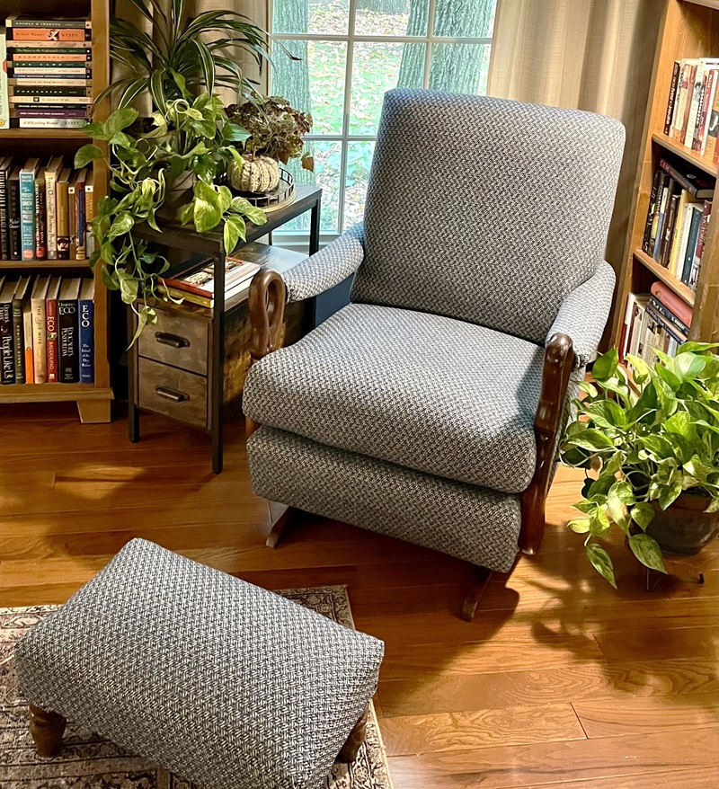 Reupholstered gooseneck rocker chair and ottoman