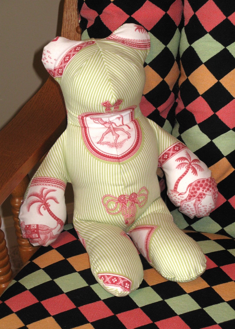 Custom stuffed bear, fabric matching the window treatment.
